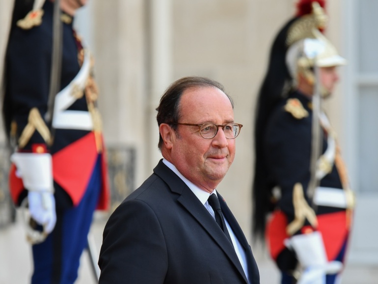 Heads of State and Government at Elysee Palace after the tribute- - PARIS, FRANCE - SEPTEMBER 30: Former French President, Francois Hollande leaves the Elysee Palace after the tribute for former French President Jacques Chirac, at the Elysee Palace in Paris, France, on September, 30 2019. A funeral ceremony was held in the French capital Paris on Monday for former President Jacques Chirac, who died on Thursday at the age of 86.