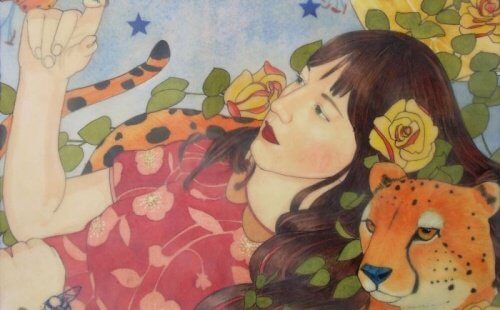 سيدة تنام على ظهر نمر