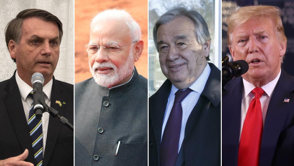 إلباييس: مشاكل كبيرة وقادة صغار.. كورونا يكشف ضعف الكثير من زعماء العالم من اليمين إلى اليسار: دونالد ترامب، أنطونيو غوتيريش، ناريندرا مودي، جايير بولسونارو (الجزيرة+الأوروبية)