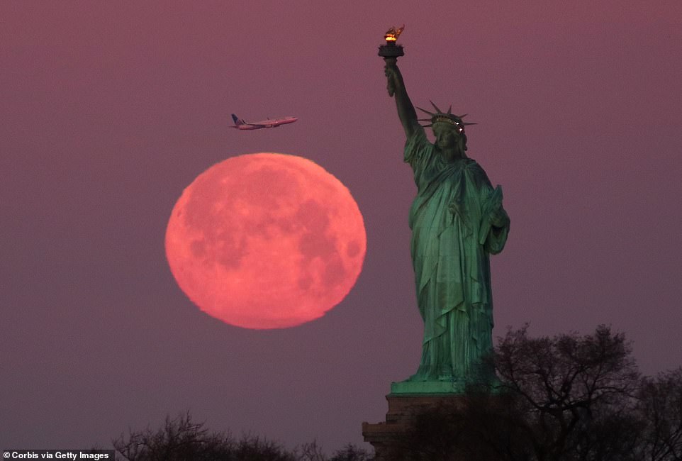 10033966-0-image-a-18_1550645516629 Although this moon was closer to earth than the last, it was not be as colourful as the 'Super Blood Wolf Moon' eclipse that wowed the skies in January. A Super Snow Moon sets behind The Statue Of Liberty shorty after sunrise on Tuesday