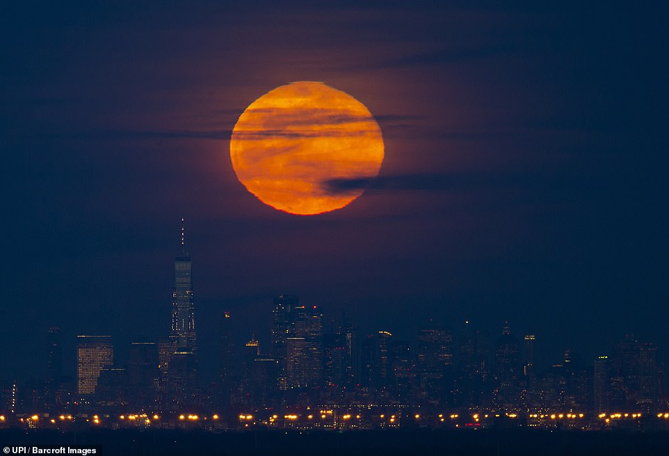 10036118-6724033-image-a-1_1550652360620 The Super Snow Moon rises behind One World Trade Centre and the Manhattan skyline shortly after sunset last night in New York City