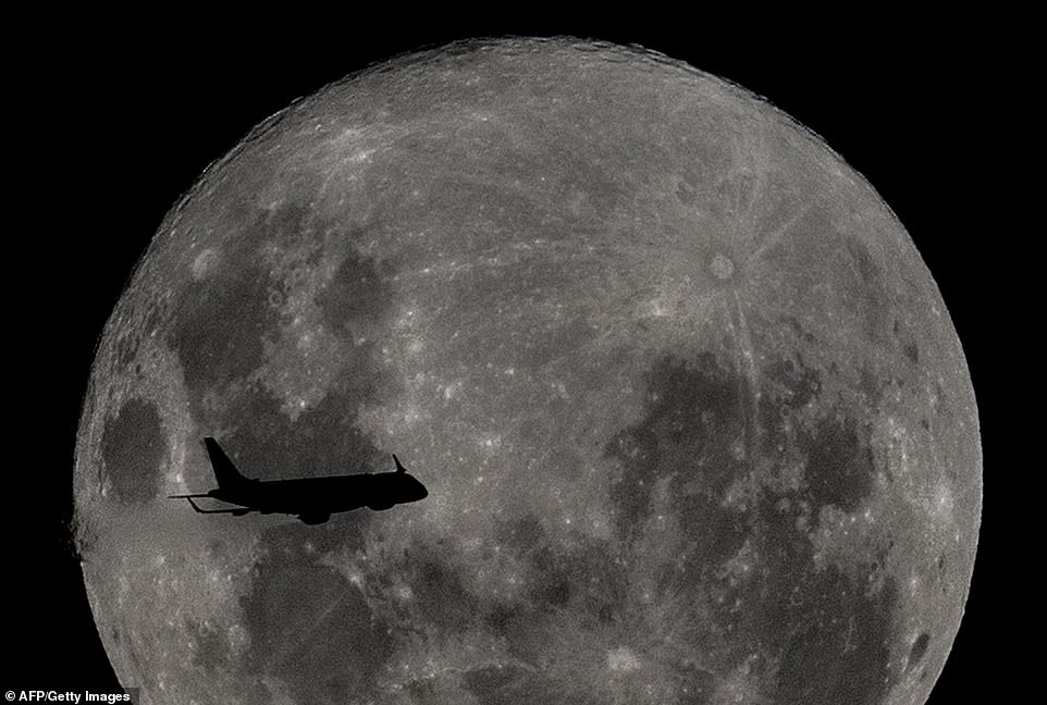 10036294-6724033-image-a-15_1550652783156 A plane from travelling towards the Argentine city of Bahia Blanca, passes in front of the supermoon, as seen from Buenos Aires