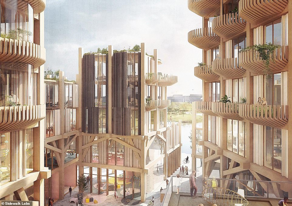 10112036-6730915-image-m-38_1550784244812 The firm plans to erect mid-rise apartments, offices, shops, and a school on a 12-acre site along the eastern waterfront in a deal with Waterfront Toronto. Eventually, they hope this will blossom to cover hundreds of acres. Quaysideâs timber buildings will be âcradle to cradle certified, creating a more sustainable system,' according to the planÂ