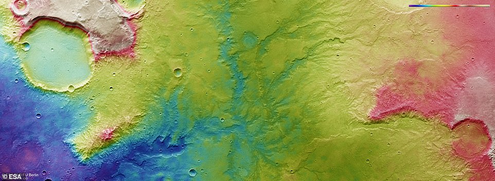 10272490-6743937-image-a-6_1551121810371 In the midst of innumerable impact craters that speckle the surface of Mars, the satellite images show branching systems of trenches and valleys – features likely carved by flowing water that existed long ago. A dried up network of rivers can be seen above