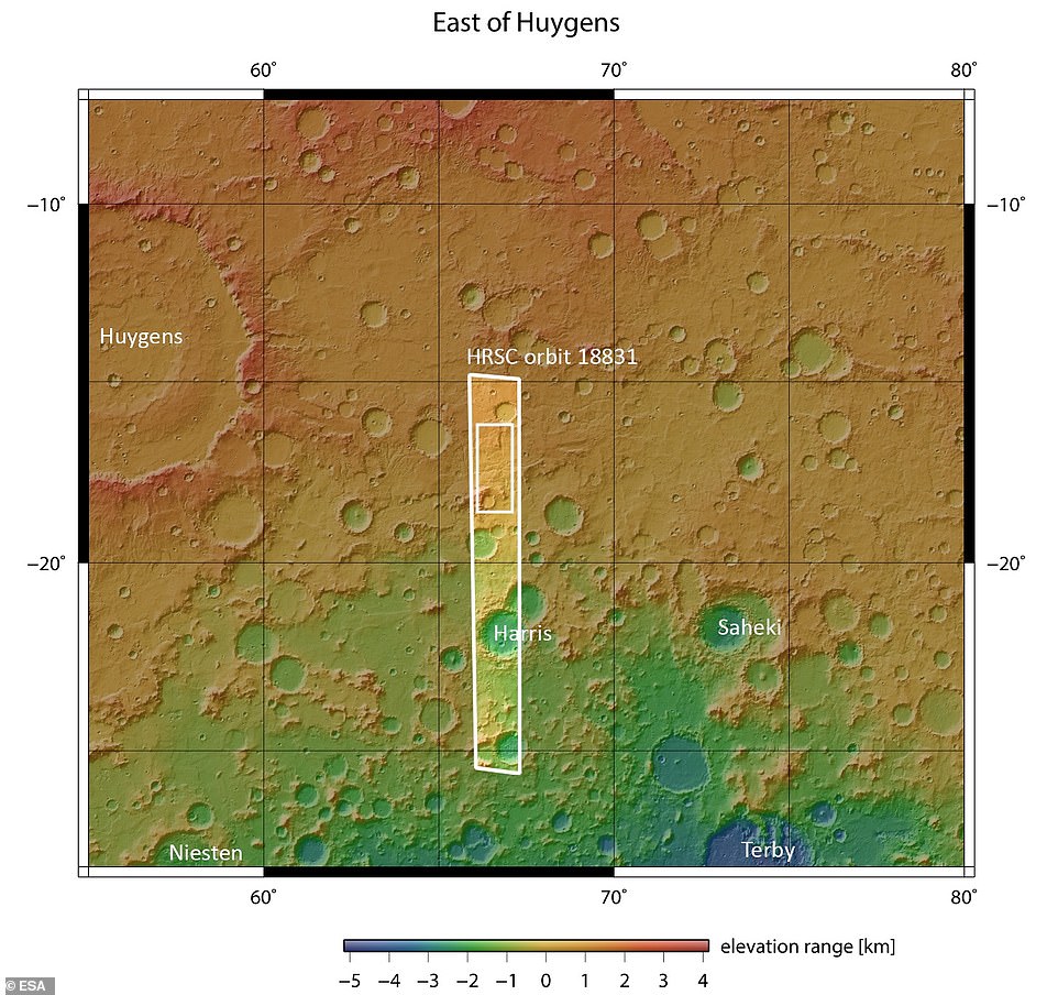 10273910-6743937-image-m-9_1551121894611 One particular region highlighted in the latest batch of satellite photos shows ‘clear signs of past water activity,’ according to ESA. The region (circled above) that sits just east of Mars’ famous Huygens impact crater in the southern highlands is carved by ancient valleys and other evidence of water that go against our current view of the Martian climate