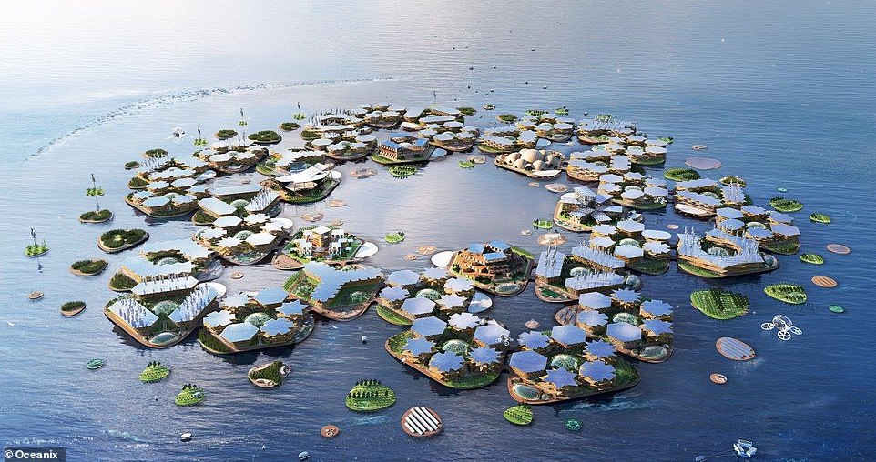 11909588-6886741-image-a-25_1554477066321 A UN-backed partnership will study the futuristic prospect of floating cities, looking at how platforms at sea might help bail out coastal cities at risk of flooding due to climate change (artist's impression)