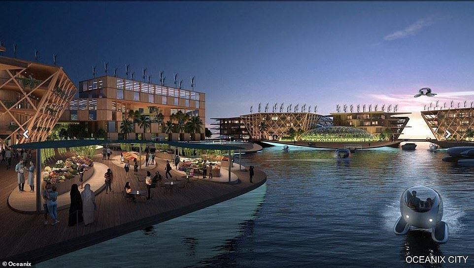 11910724-6886741-image-a-64_1554478971994 Small pod-like devices will be used to ferry people around the floating cities which will be fitted with everything a normal ground-based society would have access to - such as restaurants, markets and even parks