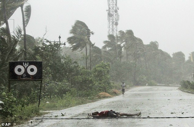 13039370-6988125-image-a-13_1556868385895 Keep low: An Indian farmer lies on the road after falling while crossing the road due to gusty winds