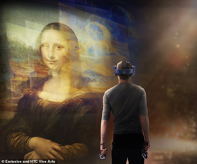 14881248-7149189-image-a-3_1560766144075 Thousands visit the enigmatic Mona Lisa, in Paris' Musée du Louvre, each day — but a VR exhibit will soon let you avoid the crowds and get close to the portrait at home (Pictured: an artist's impression of the virtual experience)