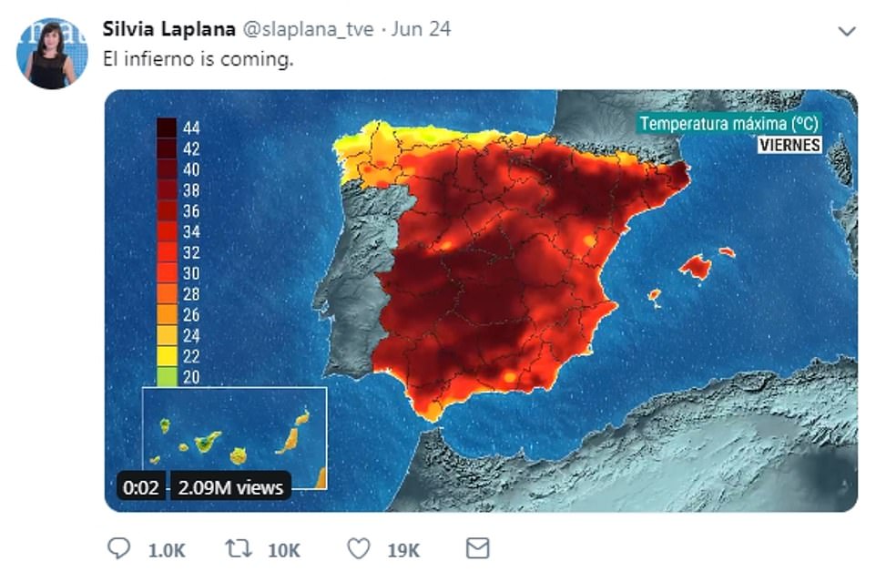 15235618-7178557-spanish_forecaster_silvia_laplana_tweeted_this_heat_map_of_spain-a-128_1561491059095 Spanish forecaster Silvia Laplana tweeted this heat map of Spain on Monday, joking: 'El infierno (hell) is coming'