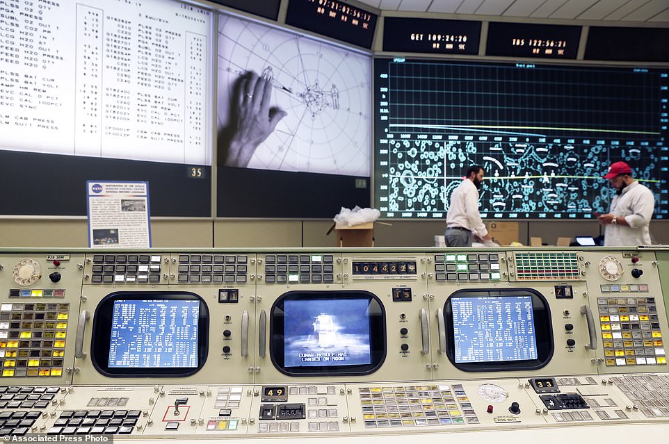 15364106-7191309-the_console_for_booster_systems_engineer_the_first_position_on_t-a-4_1561736884355 The console for Booster Systems Engineer, the first position on the first row known as 'The Trench,' has an overview of the Display and Projection screens as workers continue restoring the Apollo mission control room