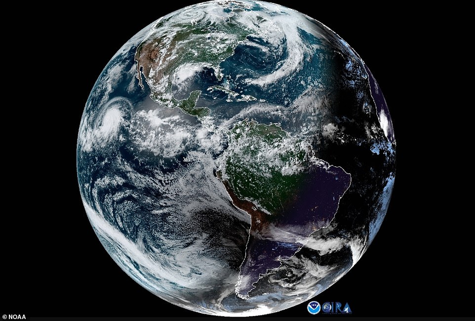 15635828-7213895-image-m-21_1562256565476 The National Oceanic and Atmospheric Administration (NOAA) shared a timelapse of the solar eclipse on Tuesday night as seen by its GOES East and West satellites, revealing the instruments had also spotted Hurricane Barbara churning away nearby