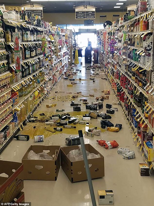 15672832-7216817-image-a-6_1562332690491 In the small desert city of Ridgecrest, near the epicenter of the earthquake, grocery store aisles were littered with smashed bottles, jars and packages