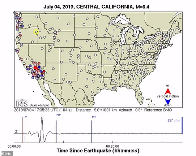 15764326-7223681-image-a-2_1562576046385 Friday's 7.1-magnitude quake was the biggest felt since the Hector Mine earthquake in 1999. It triggered sensitive seismological sensors across the contingent US, with a video from the USArray revealing how the tremor was felt across the US