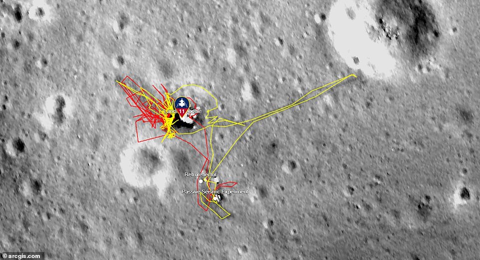 16118582-7252901-image-a-56_1563288087492 The new interactive map allows users to follow red and yellow routes (as above) and chart the journey of the team who had been travelling to the moon
