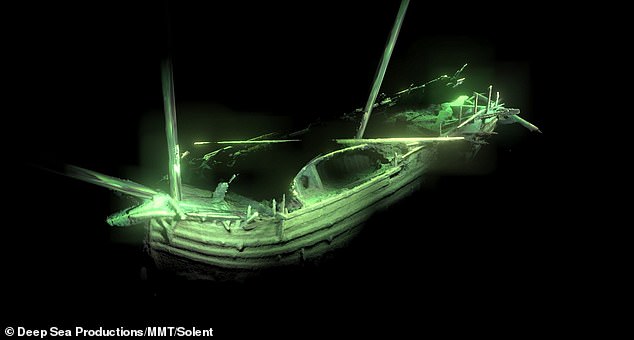 16350274-7273037-image-m-91_1563806226717 Detailed: Photogrammetric model of the ships bow showing the ships boat still lying on deck