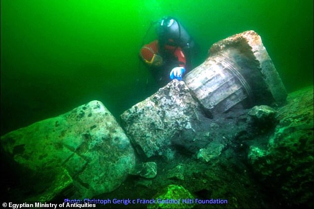 16443486-7281435-image-a-47_1563977004802 The ruins of an ancient underwater temple have been discovered in the ancient sunken city Heracleion, off Egypt 's north coast, described as Egypt's Atlantis. Granite columns and a Greek temple were found during recent dives and studies to the lost city of Heracleion (pictured)
