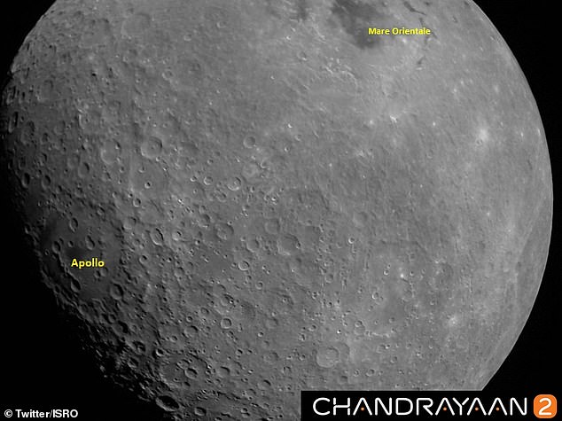 18156352-7435649-image-a-70_1567780265782 The Chandrayaan-2 mission took this photo of the moon's surface last week, showing the Apollo crater and the salt plain Mare Orientale. The picture was taken from an altitude of 1,646 miles (2,650 km) from the lunar surface