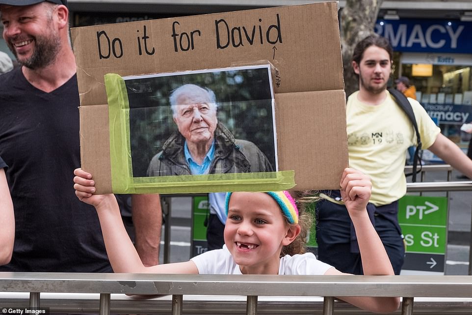 18710506-7484625-image-a-25_1568971421298 A young girl smiles proudly as she displays her sign 'do it for David', with a picture of David Attenborough