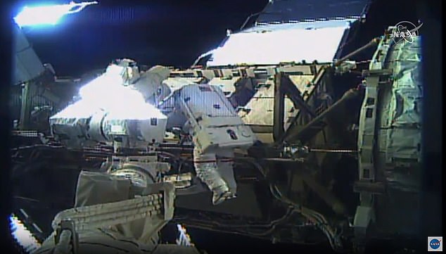 19883476-7588111-image-m-35_1571401611149 Koch can be seen during today's space walk with a red band around her space suit leg