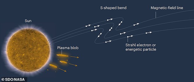 21814228-0-image-a-48_1575473857571 The Sun’s outermost atmosphere generates an outflow of plasma particles called the solar wind. This graphic illustrates a theory that that the magnestic field lines coming from the Sun contain S-shaped bends and that the Sun releases blobs of plasma that form part of the young solar wind