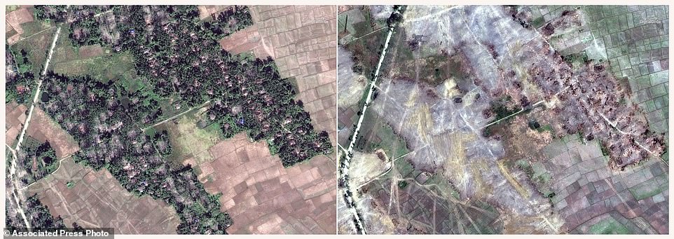 While Myanmar's government claims it's simply trying to rebuild a devastated region, the operation has raised deep concern among human rights advocates, who say the government is destroying what amounts to scores of crime scenes before any credible investigation takes place (pictured the village of Myin Hlut, 25 kilometers (15 miles) southeast of Maungdaw, Rakhine state)