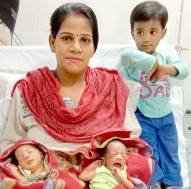 26761084-8183575-image-a-1_1585900863507-3 Preeti Verma gave birth to son Corona and daughter Covid on March 27 amid India's 21-day lockdown, according to reports from Indian News Outlet NDTV. She is pictured above with her newborn children and two year old daughter