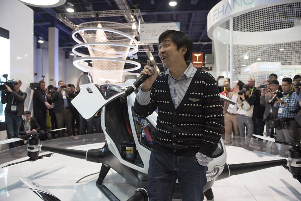 President/CEO Hu Huazhi of EHang unveils the 184 Autonomous Aerial Vehicle at CES Las Vegas from the Las Vegas Convention Centre in 2015