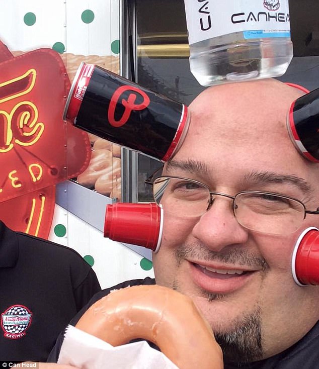 3067ce8a00000578-3409546-image-m-29_1453350930646 Jamie Keeton, also known as Can Head, has the unusual ability to make cans, bottles and even plastic cups (pictured) stick to his head