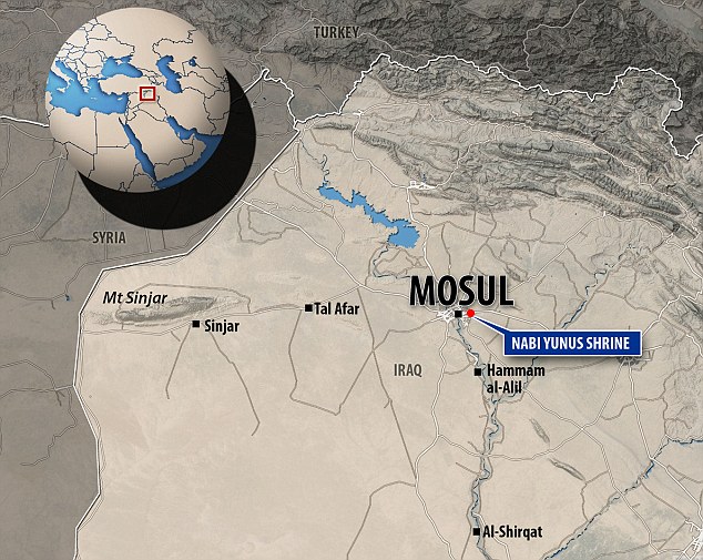 The shrine holding Jonah's tomb is located on top of a hill in eastern Mosul, a city in northern Iraq with a population of around 660,000 that was retaken from ISIS control by Iraqi army forces in January 2017