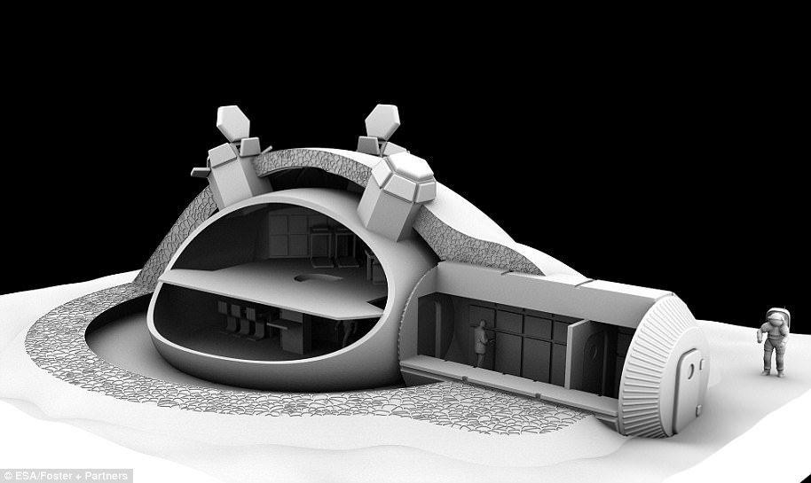 44d3982e00000578-4928962-image-a-42_1506618742476 For ESA's 3D-printed lunar base concept, Foster+Partners devised a weight-bearing ‘catenary’ dome design with a cellular structured wall to shield against micrometeoroids and space radiation, incorporating a pressurised inflatable to shelter astronauts