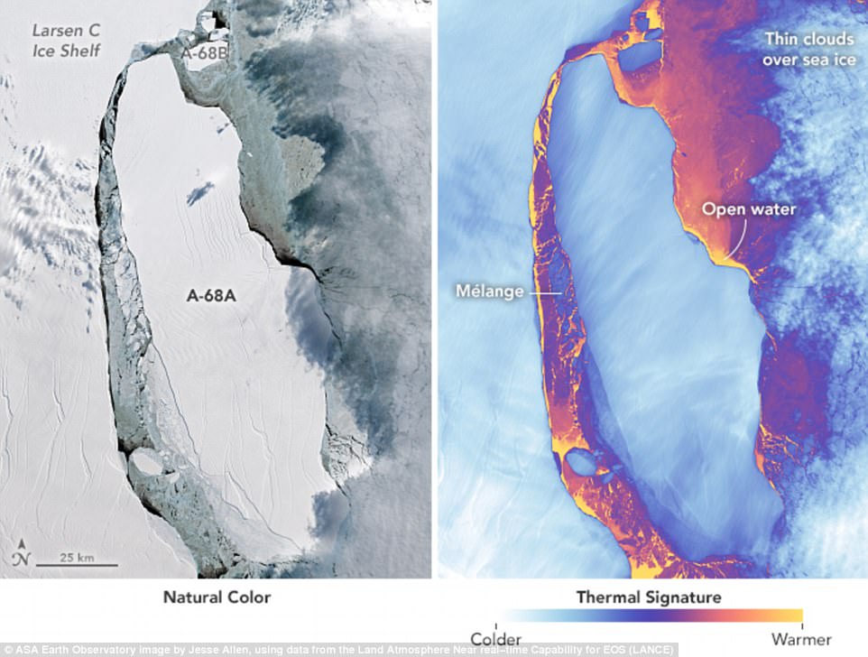 44f917d700000578-0-image-a-35_1507050503729 Stunning new satellite images have revealed the movement of the massive iceberg that calved from the Larsen C ice shelf in July. The detailed images captured by instruments aboard NASA’s Landsat 8 show the widening gap between the main shelf and the ice berg, with a thin layer of loose, floating ice in between