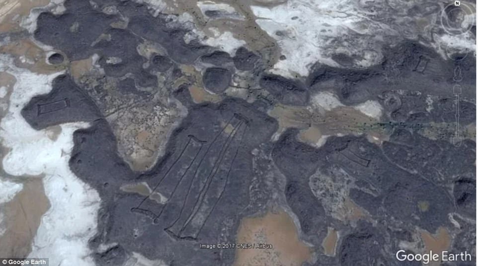 The strange cluster of gates (pictured) 'appear to be the oldest man-made structures in the landscape' and some are up to 1,700 feet long and built across old lava domes. Dr Kennedy said 'no obvious explanation of their purpose can be discerned'