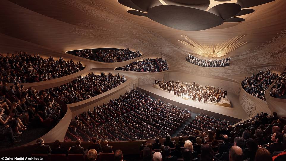 4668878-6227395-image-a-51_1538400498859 The building, which designers say is meant to resemble a sound wave, will have a 1,600-seat auditorium, pictured, as well as a smaller 400-seat chamber music hall