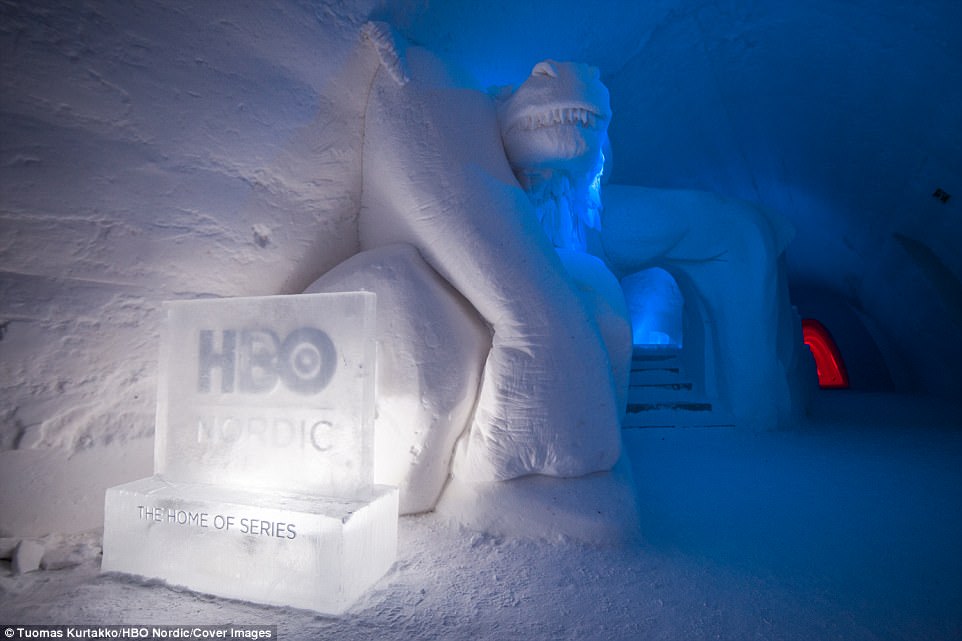 Intricate ice sculptures depicting themes and characters from the show grace the walls of the hotel, which is open until April 