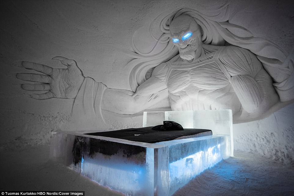 One of the rooms inside the ice hotel, where even the beds are made out of ice. Separate log cabins provide warmer accommodation to allow for extended stays