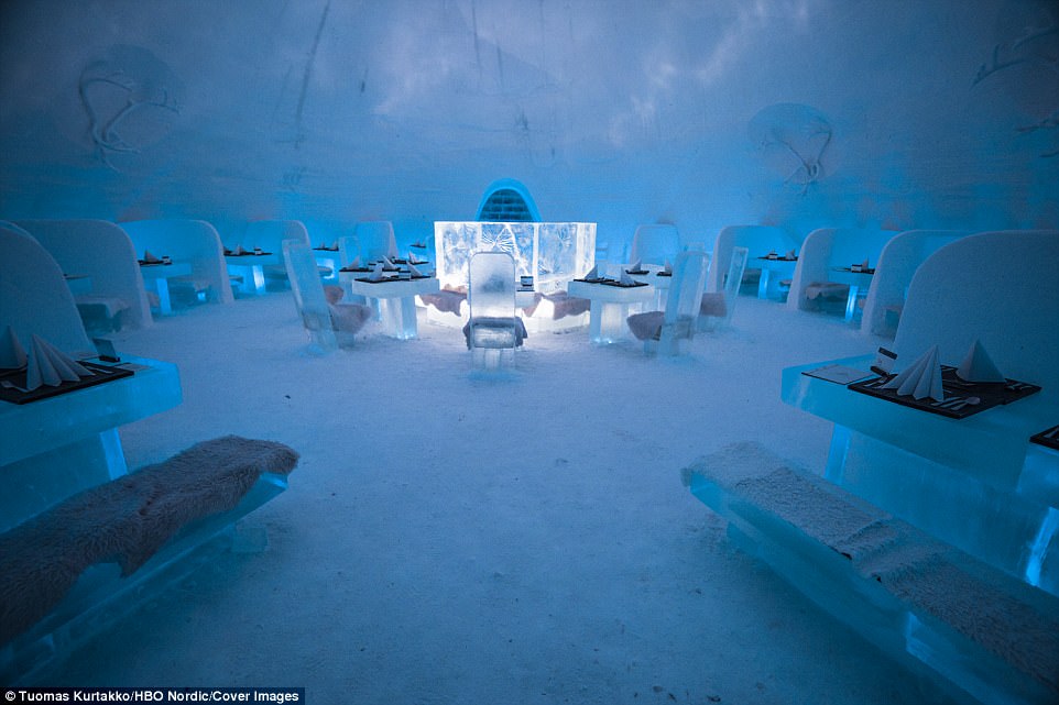 Winter is coming to your holiday plans: The tables and chairs are also made out of ice, where the restaurant is set for dinner