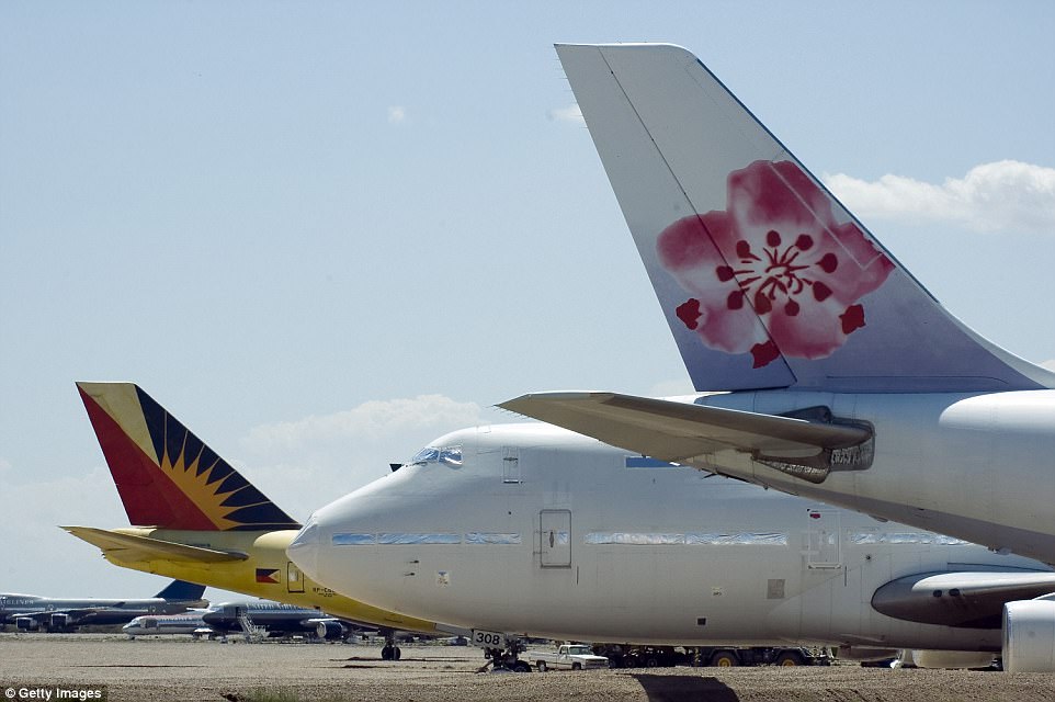 Commercial airplanes lie next to each other at the Evergreen Air Center. Some planes are stored for a short time while others will be cut up and sold for scrap aluminum