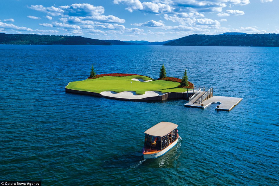 Golfers must take a boat to the green in order to complete the par three hole on the world-renowned course in the USA 