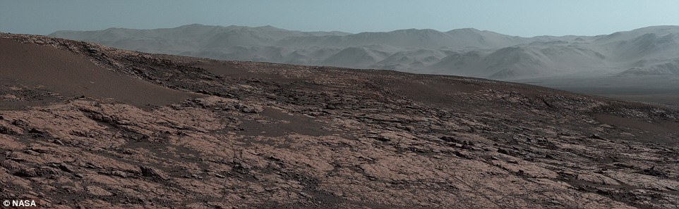 Nasa's Jet Propulsion Laboratory in Pasadena, California, released the panorama, which gives an overview of much of the rover's 11 mile (18 km) path along the crater's outer edge. This image shows a scene from the far left of the crater, when viewed from the top of the Vera Rubin Ridge