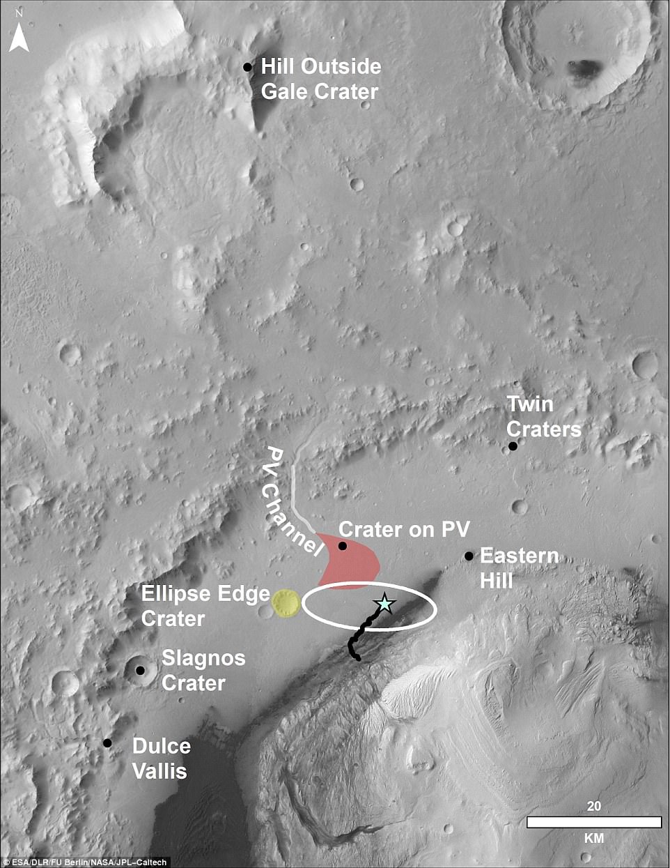 This aerial shot shows the area that the Mars Curiosity rover (blue star) is in and where it has travelled so far on its journey (black line). The 'hill outside gale crater' at the top of the shot is visible in recent panoramic image taken by Curiosity and is over 50 miles (80 km) away from the rover