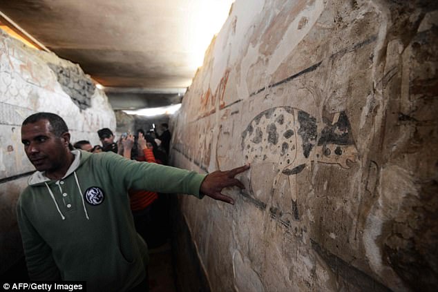 A guide from the Ministry of Antiquities stands inside the tomb of an Old Kingdom priestess adorned with well-preserved and rare wall paintings