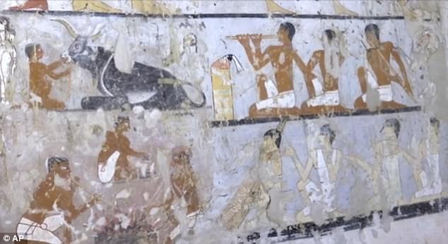  The tomb, unveiled to the media on Saturday, is made of mud brick and includes wall paintings in good condition depicting a woman called Hetpet observing hunting and fishing scenes