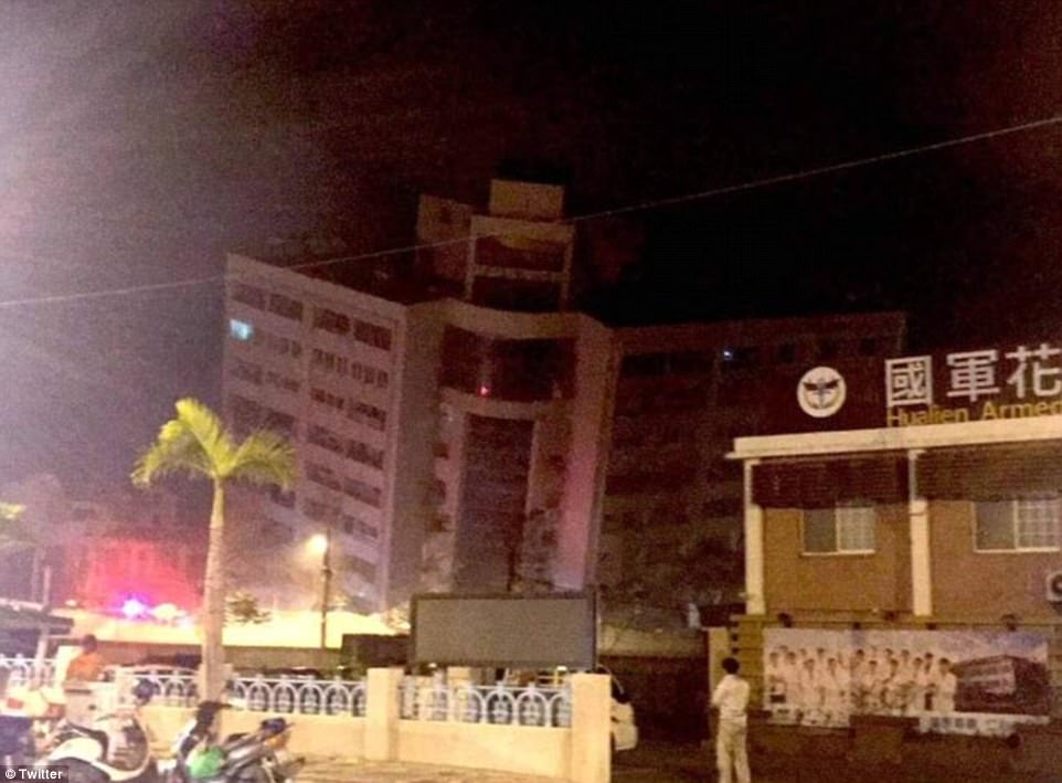 Destruction: The hotel collapsed after a 6.4 magnitude earthquake hit Taiwan late on Tuesday