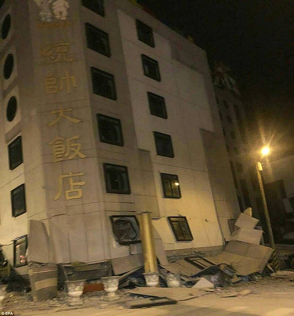 Images on local television showed the Marshal Hotel in Hua-lien slanted on its side, partially crumpled into the ground 