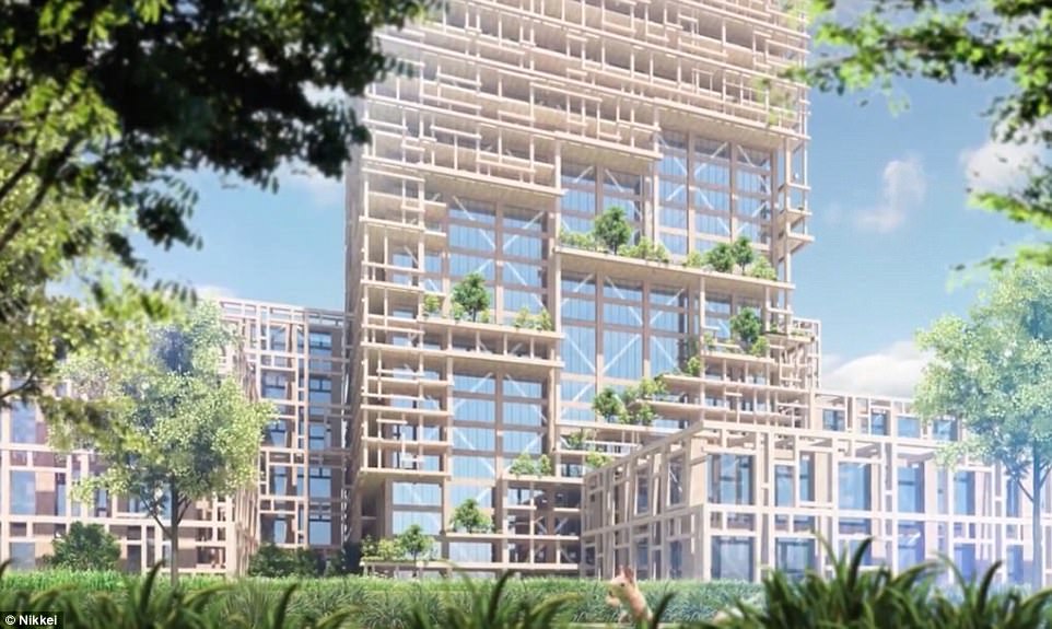 The tower has 70 stories above ground and is made of a combination of wood and steel, with more than 6.5 million cubic feet (0.2 million cubic metres) of wood making up 90 per cent of the construction material