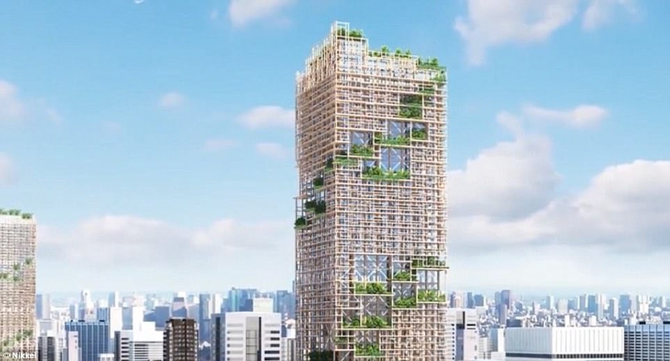 Japanese architects have unveiled plans for the world's tallest wooden skyscraper (artist's impression). The 1,148-feet (350-metre) tower, housing homes, offices and a hotel, will become the tallest building in Japan when it is completed in 2041