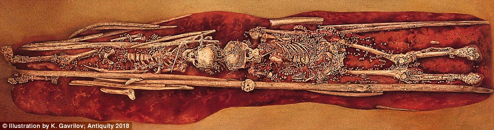 The remains of two boys, aged ten and 12 when they died, were placed head to head in the grave, which was filled with riches