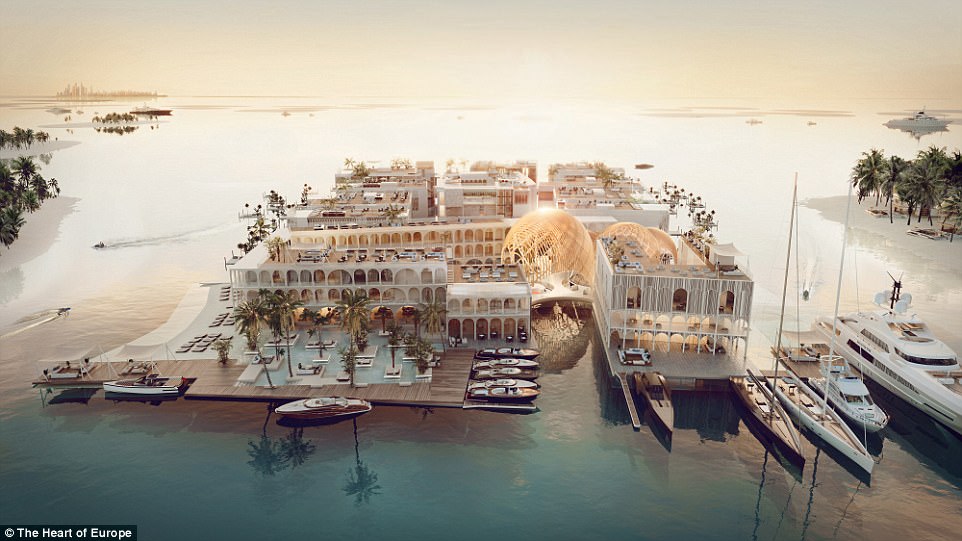 construction work on the sprawling site, surrounded by a 20-mile breakwater, is underway once more with lofty plans afoot for the likes of a 'Floating Venice' complete with gondolas and canals (shown in an artist's impression)