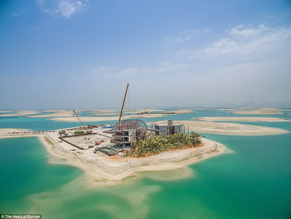 Building work is also moving on at pace on 'St Petersburg', which was remodelled in a heart shape and is being marketed as being for honeymooners. This was the construction site in July 2016 with the Dubai skyline in the background